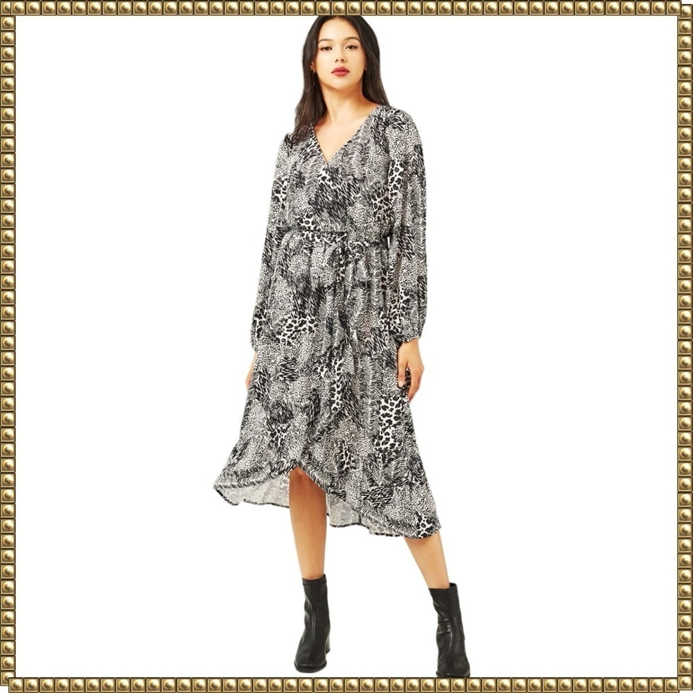 Black & White Printed V-Neck Long Sleeve Midi Dress